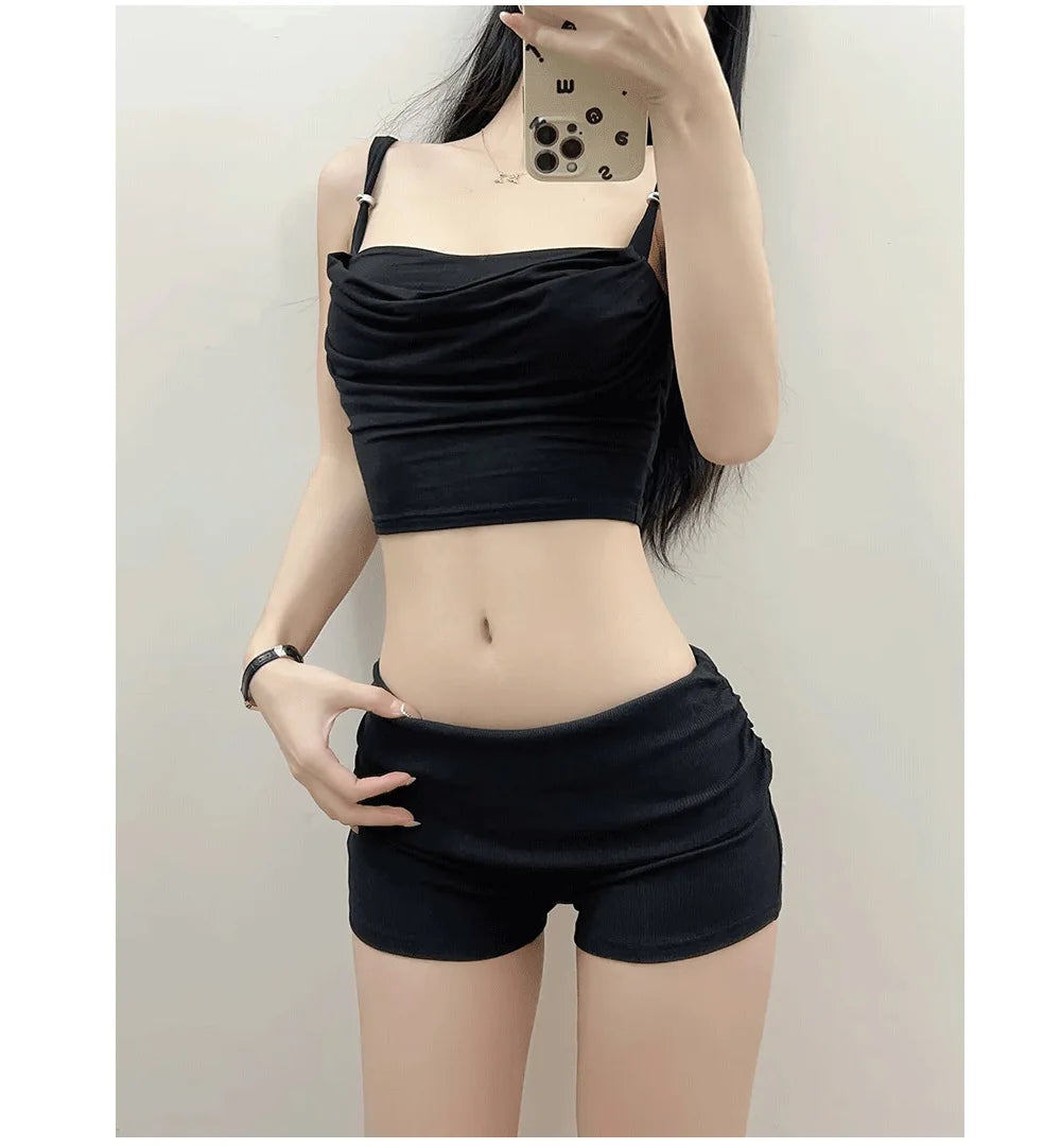 Summer Slim Yoga Shorts Women Casual Solid Color Fold Over Low Waist Lounge Shorts