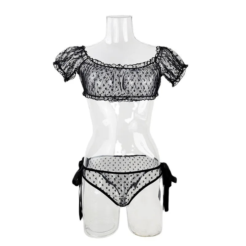 Seductive Spotted Mesh Lingerie Set - 2-Piece Bra & Panty