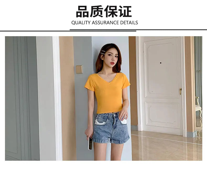 Summer Fashion Solid V Neck T Shirts Women Short Sleeve Sexy Crop Tops Ladies Casual Tees Top Tees Female Black Cotton T-Shirts