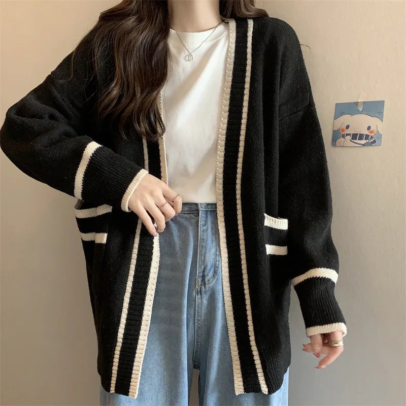 New Korean Women Cardigan Jackets Patchwork Clothing V Neck All Match Sueter Mujer Casual Fashion Knitted Oversized Sweater Tops