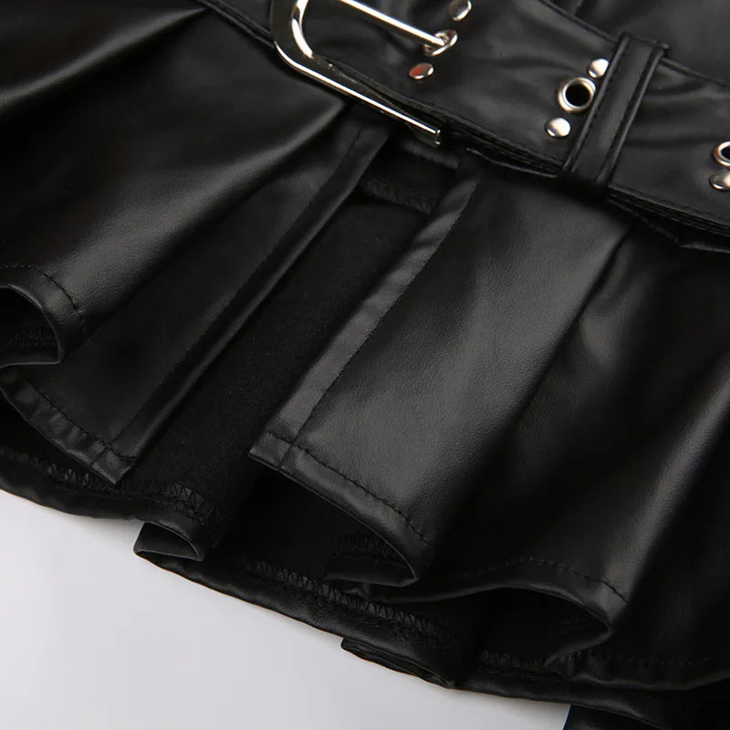 Women's Black Gothic A-line Pleated Leather Skirt Y2k Mini Shorts Skirt 2000s Vintage Clothes Summer Streetwear Punk E-Girl 2026