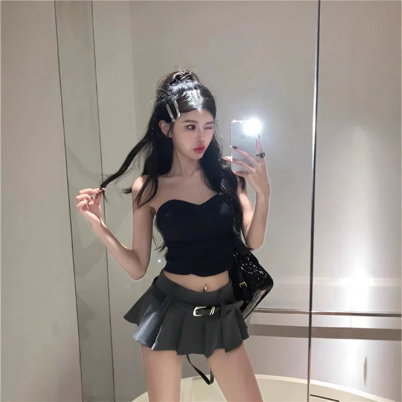 Women's Low Rise Pleated Mini Skirt Sexy A-Line Short Skirt with Belt and Built-In Shorts for Summer