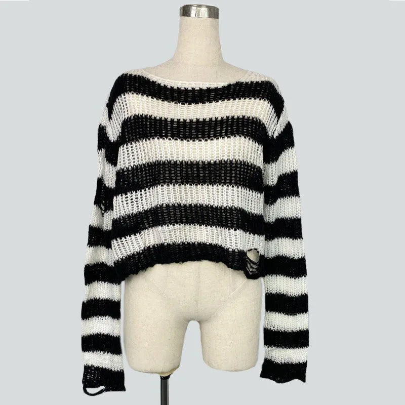 Distressed Oversized Striped Sweater Punk Grunge Knit Top