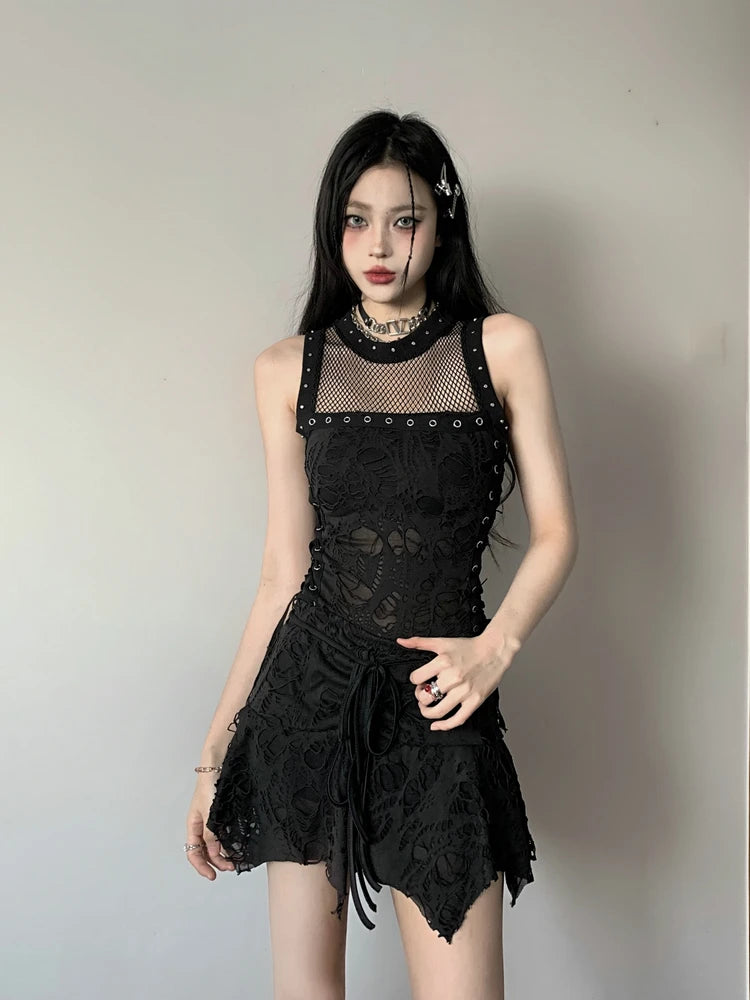 Gothic Y2k 2 Piece Set Hollow Out Lace Spliced Tank Crop Top Women Lace-up Waisted Irregular Mini Skirt 2025 Aesthetic Harajuku