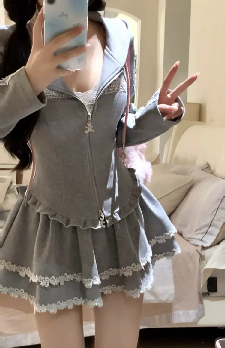 Sweet Lace Patchwork Hoodie And  Skirt Slimming Women's Two-Piece Set Fashionable Casual Wear for Autumn Season