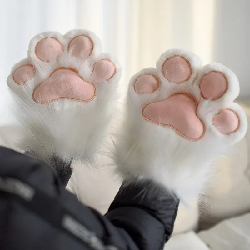 Cute Plush Cat Claw Gloves Large Size Women Halloween Christmas Party Cosplay Girls Winter Plush Fluffy Warm Full Finger Mitten