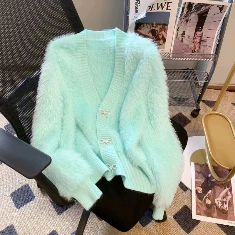 2026 Spring Autumn Women's Sweater Cardigan Jacket New Loose V-neck Imitation Mink Fur Sweater Jacket Female Knitted Tops Coat
