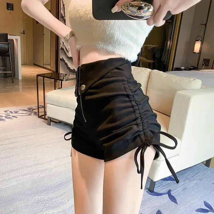 Sexy Spicy Girl Style Drawstring Casual Shorts High Waist Illusion Slimming Leg Lengthening Outdoor Wear Polyester Fabric