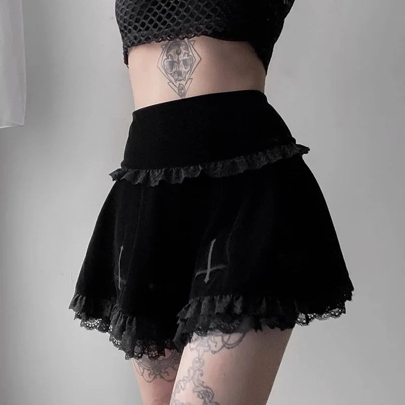 2024  Punk Cross Pattern Mini Skirt Y2K Grunge Gothic Black Lace High Waist Pleated A-line Skirt Vintage Women E-girl Clothes