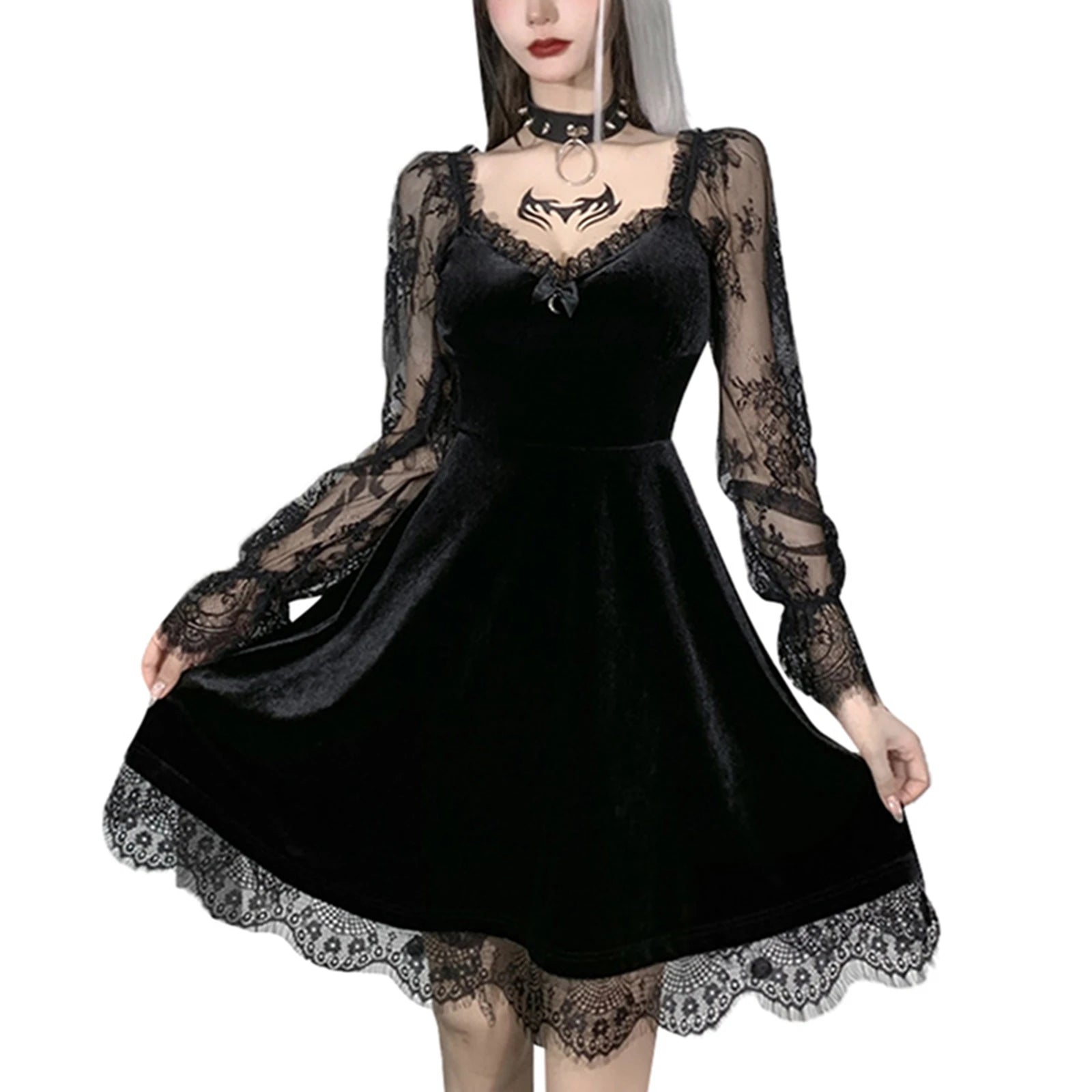 Dark Gothic Lace Mini Dress - Flare Sleeve V-Neck