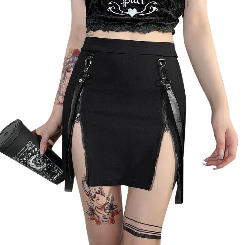Gothic Zip Split Sexy Women Mini Skirts Grunge Strap Black High Waist Pencil Skirt Punk E-girl Alt Party Clubwear