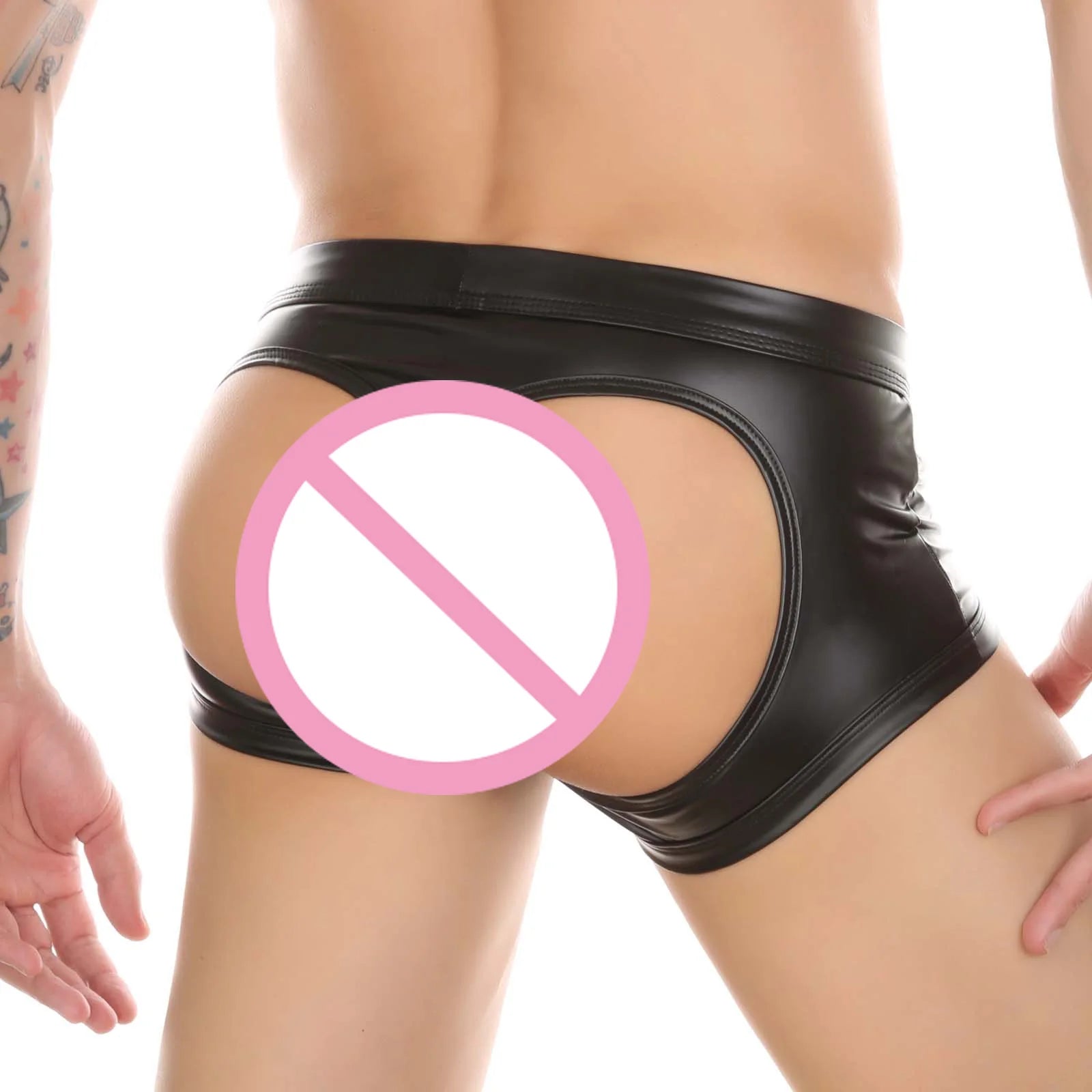 Men's Wet Look Faux Leather Open Butt Underwear