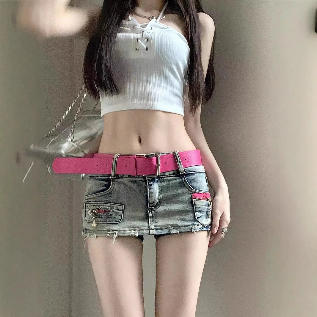 Sexy Y2K Denim Shorts Women Summer Blue Patchwork Low Waist Jeans Mini A-line Skirts Harajuku Vintage Punk
