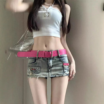 Y2K Patchwork Low-Rise Denim Mini Shorts