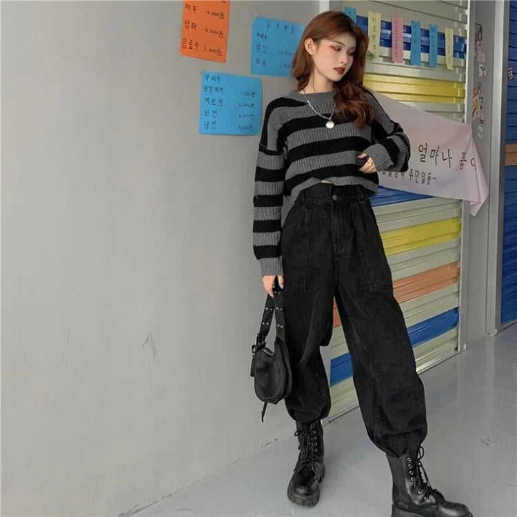 Black White Striped Cropped Sweater | Y2K Goth Knit Pullover