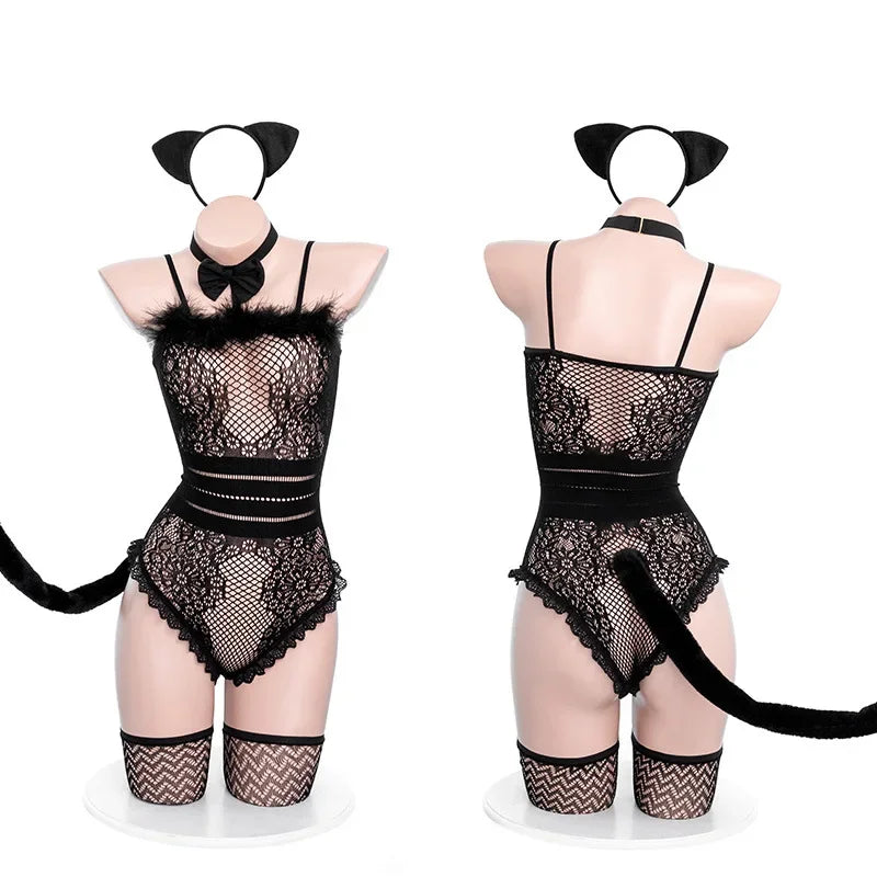Sexy Black Cat Lingerie Cosplay Bodysuit & Accessories Set