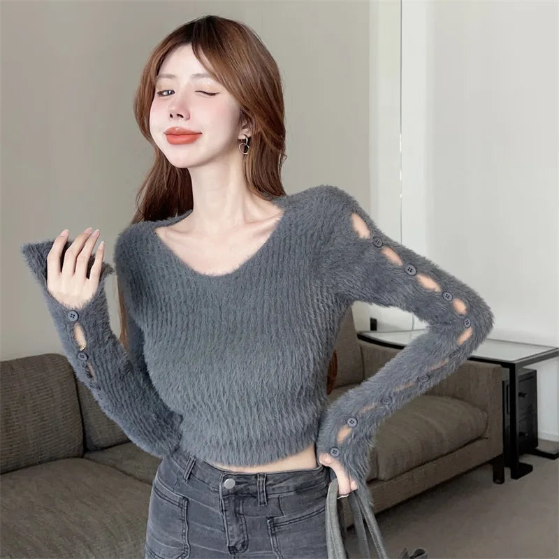 Sexy ort Knitted Sweater Women's Spring Autumn Soft Cozy Design Hole Knitwear Pure Desire Versatile Base Layer ort Top
