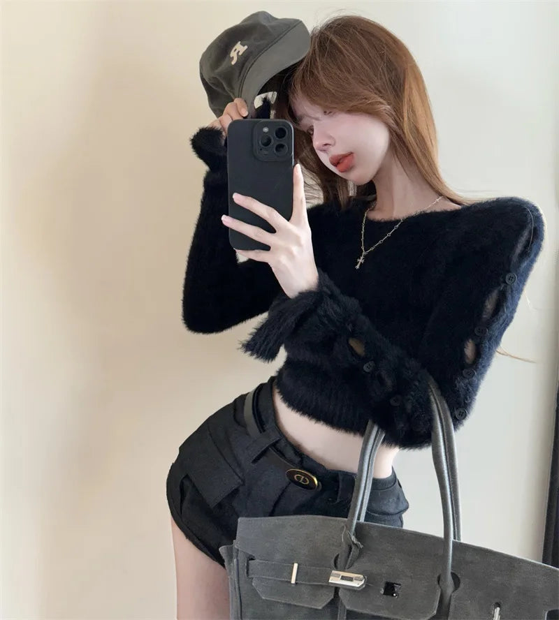 Sexy ort Knitted Sweater Women's Spring Autumn Soft Cozy Design Hole Knitwear Pure Desire Versatile Base Layer ort Top