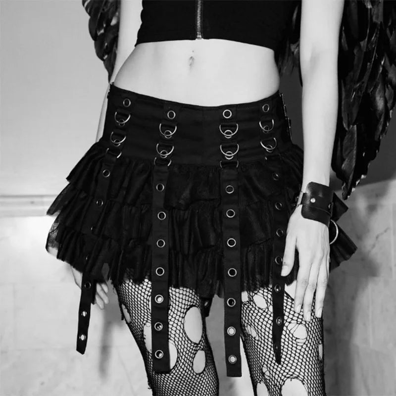 Mall Goth Black Pleated Mini Skirt with Chain Women's Punk High Waisted Tennis Skirt Fairy Grunge Aesthetic E Girl Cloth