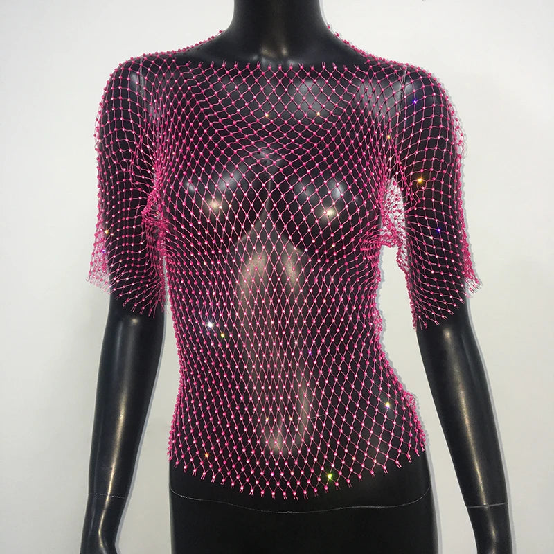 Sexy New Mesh Rhinestone Long Sleeve T Shirt Women Hollow See-through Fishnet Tops Summer Casual Shirt Party Club Women Clothing