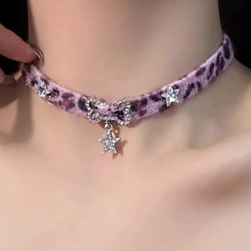 Y2K Plush Leopard Bone Choker Necklace Purple Velvet Goth