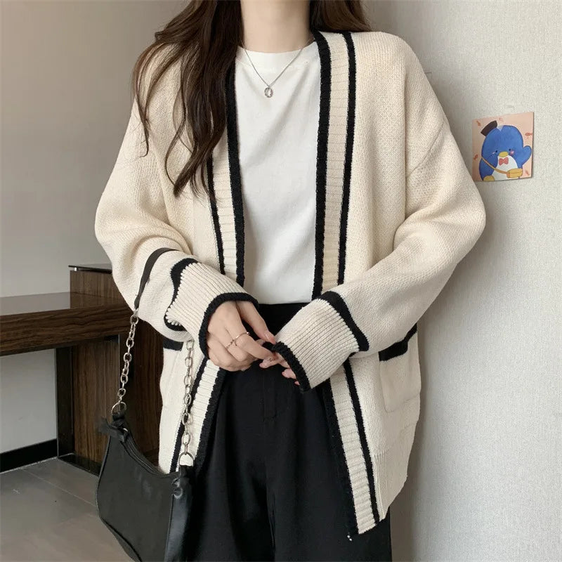 New Korean Women Cardigan Jackets Patchwork Clothing V Neck All Match Sueter Mujer Casual Fashion Knitted Oversized Sweater Tops