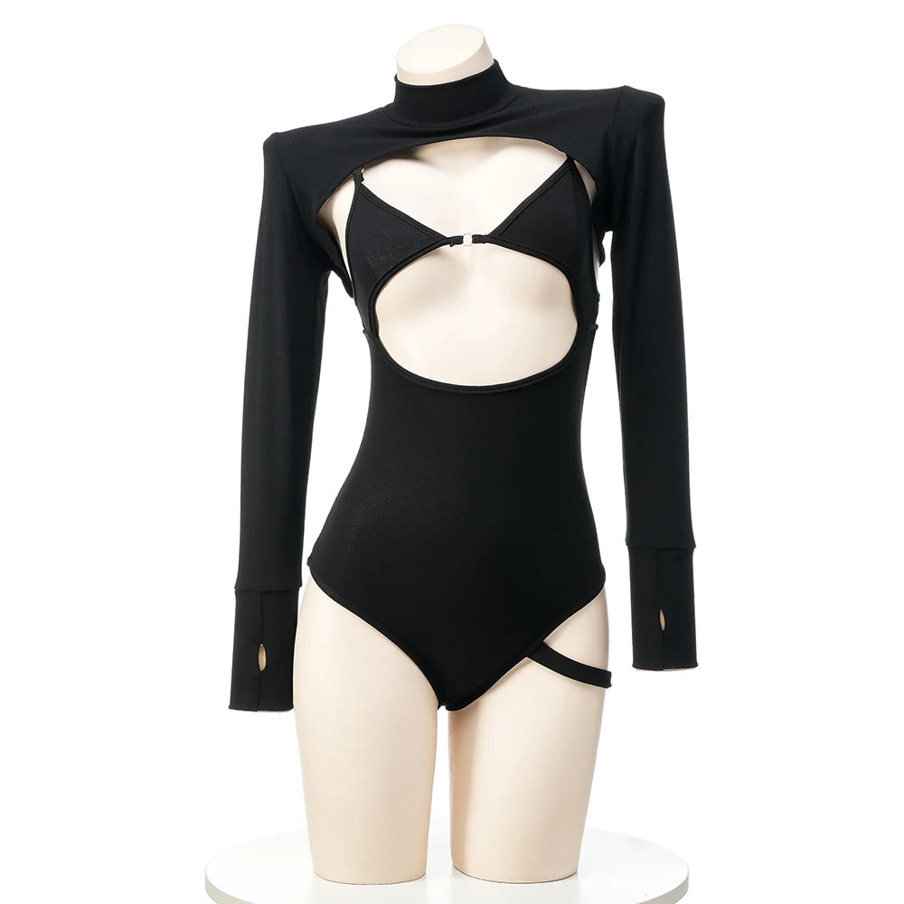 Alluring Black Hollow Bodysuit | Backless Long Sleeve Lingerie