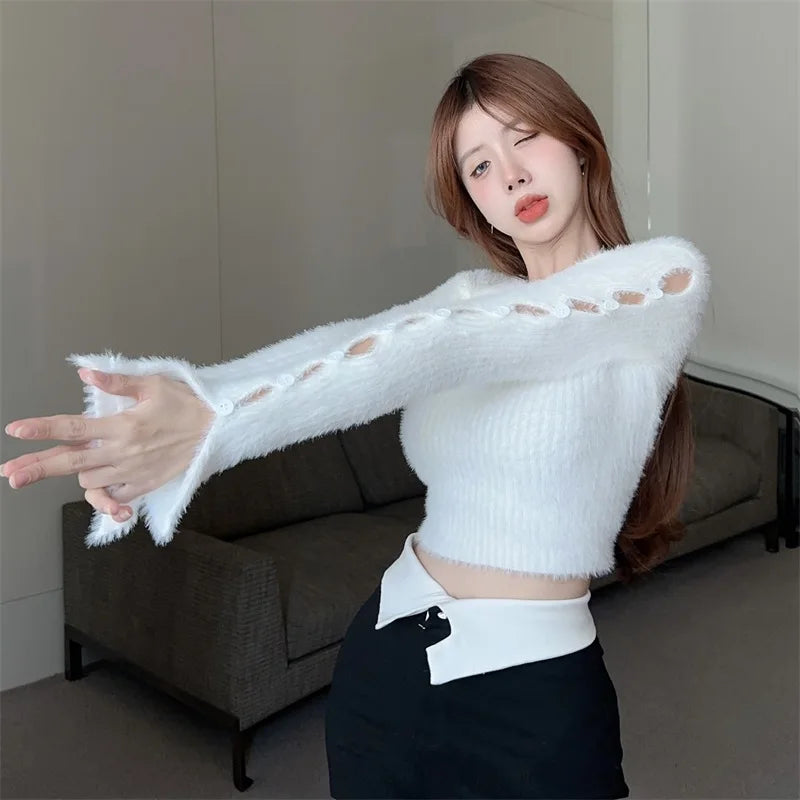 Sexy ort Knitted Sweater Women's Spring Autumn Soft Cozy Design Hole Knitwear Pure Desire Versatile Base Layer ort Top