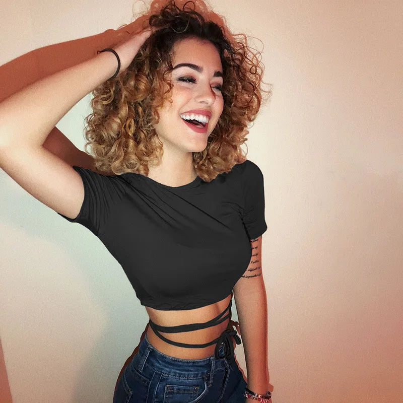 2024 Summer Women Black Short T-Shirts Sexy Crop Tops Short Sleeve Bandage Tee Tops Female Shirts