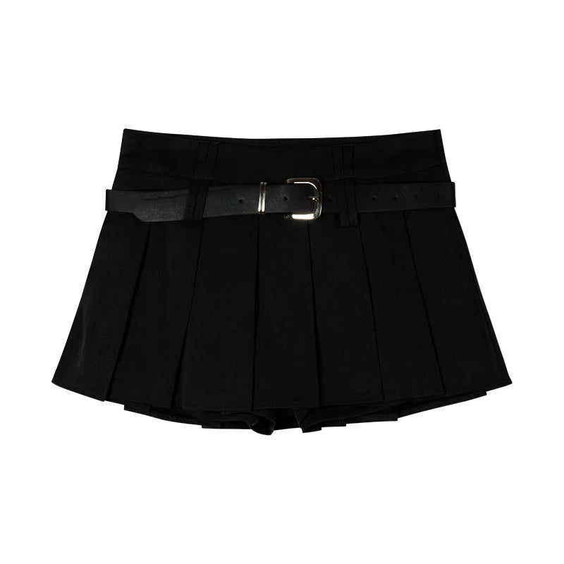 Women's Low Rise Pleated Mini Skirt Sexy A-Line Short Skirt with Belt and Built-In Shorts for Summer