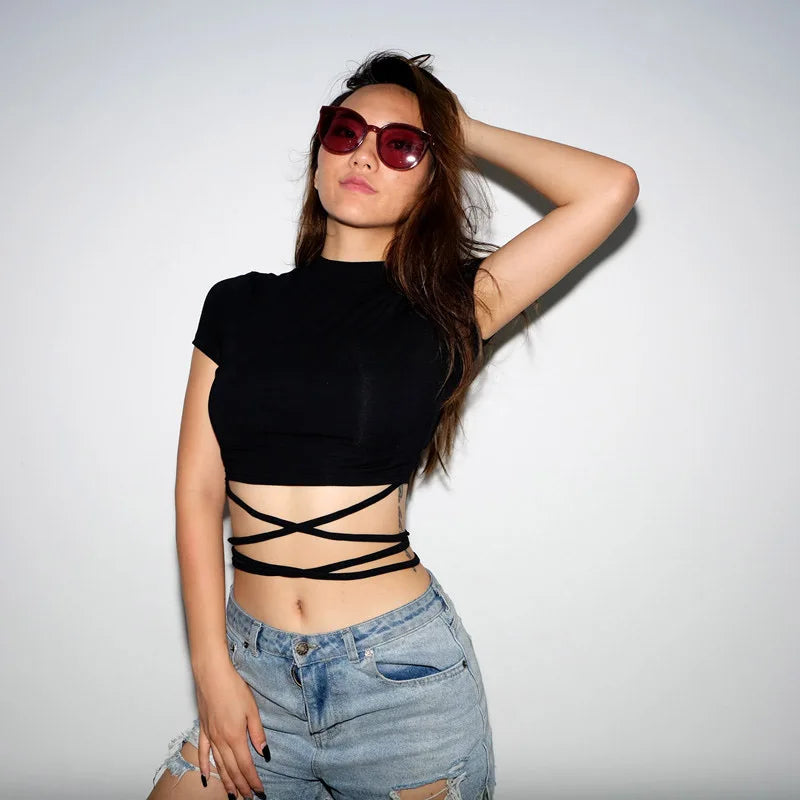 2024 Summer Women Black Short T-Shirts Sexy Crop Tops Short Sleeve Bandage Tee Tops Female Shirts