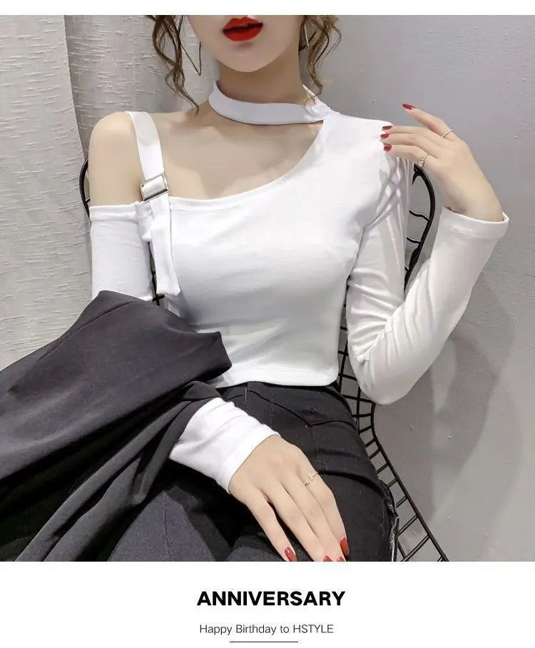 Chic Shoulder Bared Long Sleeve Base Shirt for Women Stylish Slim Fit Trendy Top Casual Loose Style Daily Wear Girl's Fashion