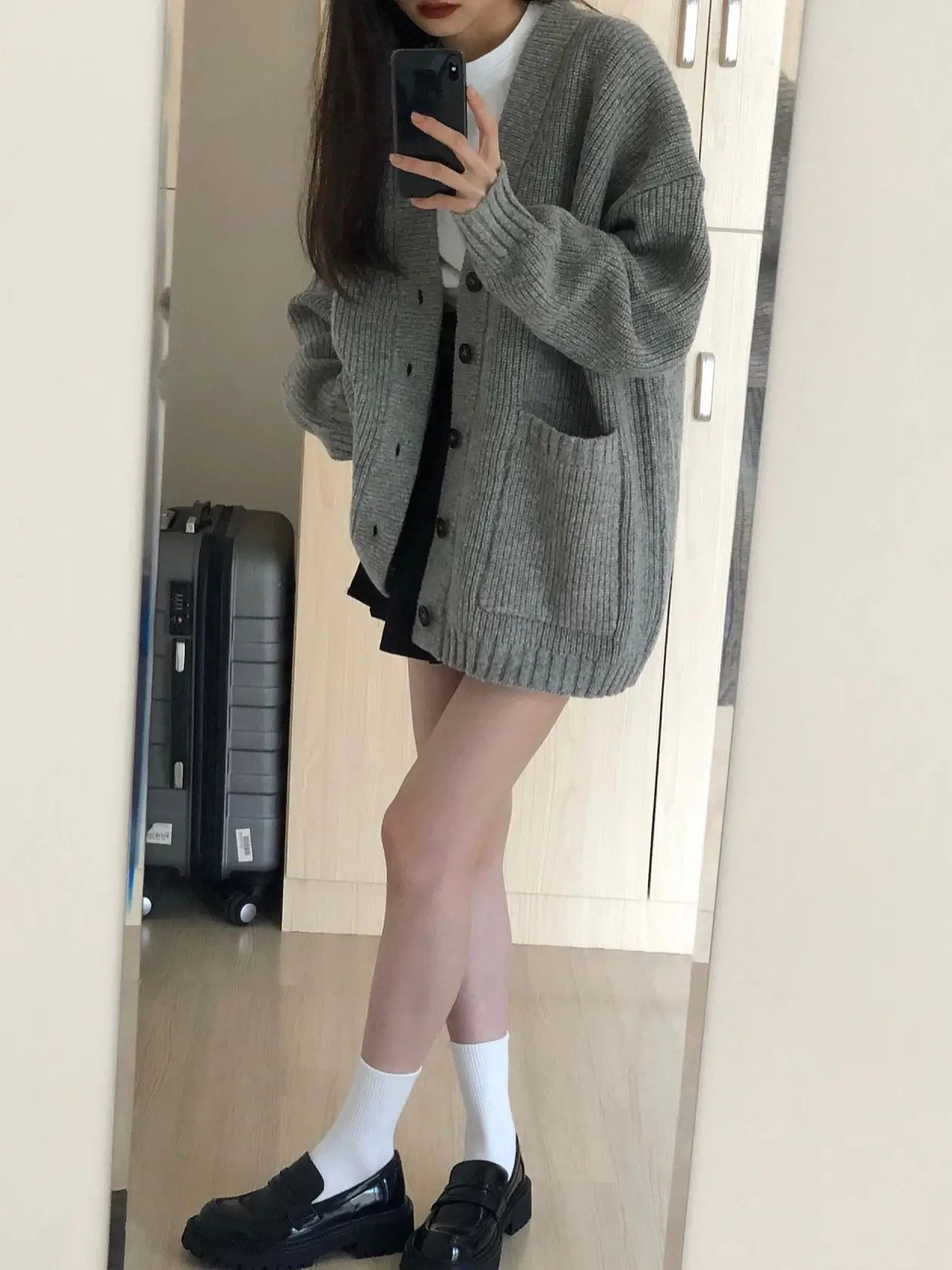 Gray Mid-Length Knitted Sweater Coat Women's Autumn Outerwear Japanese Lazy Vintage Milk System Soft Cozy Open Cardigan