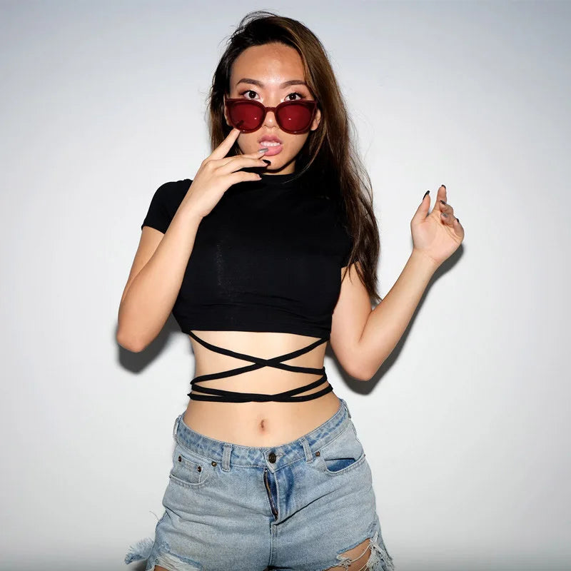 2024 Summer Women Black Short T-Shirts Sexy Crop Tops Short Sleeve Bandage Tee Tops Female Shirts