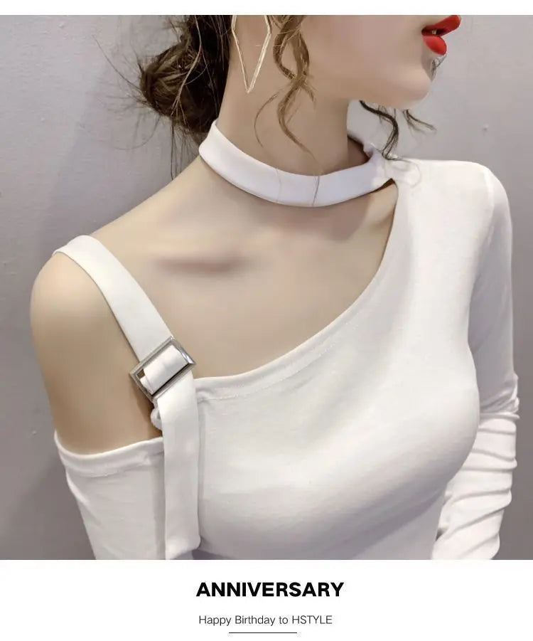 Chic Shoulder Bared Long Sleeve Base Shirt for Women Stylish Slim Fit Trendy Top Casual Loose Style Daily Wear Girl's Fashion