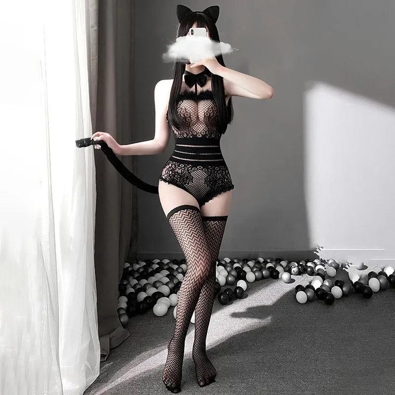 Sexy Black Cat Lingerie Cosplay Bodysuit & Accessories Set