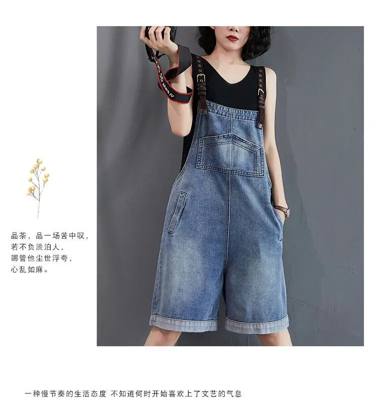Cowboy Overalls Women's Jumpsuit Shorts 2025 Summer New Student Korean version Loose Denim Wide leg one-piece Suspender Shorts