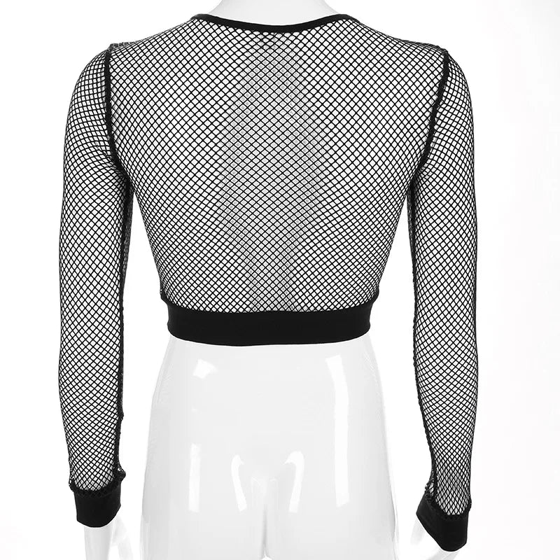 Sexy Black Hollow Out Mesh T-Shirt Female Skinny Crop Top 2024 New Fashion Summer Basic Tops For Women Fishnet Shirt
