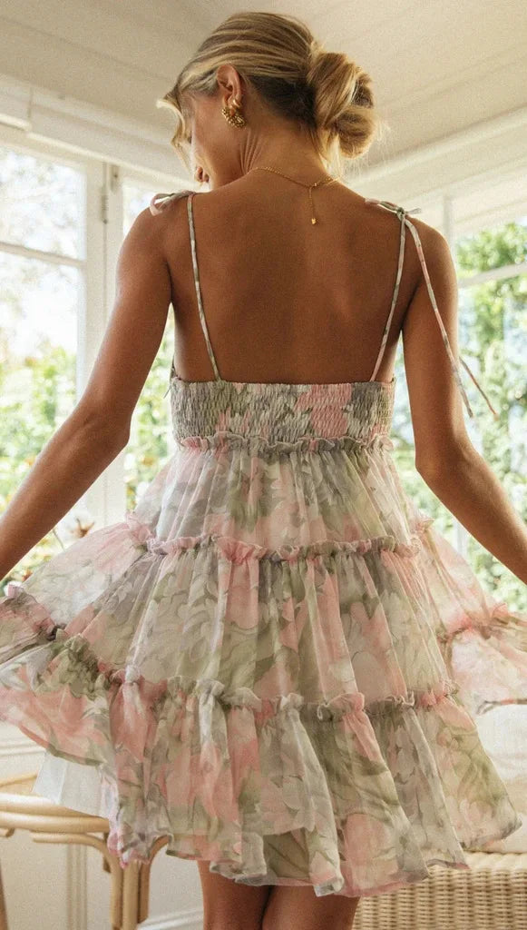 Vintage Floral Backless Mini Dress | Summer Spaghetti Strap