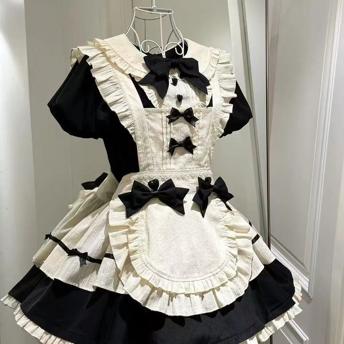 Autumn Japanese Women's Puff Sleeve Doll Collar Dress and Bowknot Apron Vintage Set Cute Lolita Maid Style Sweet Two-piece Set