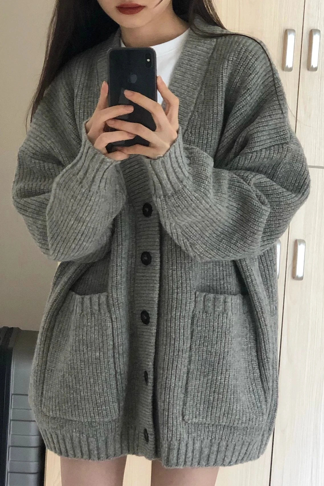 Gray Mid-Length Knitted Sweater Coat Women's Autumn Outerwear Japanese Lazy Vintage Milk System Soft Cozy Open Cardigan
