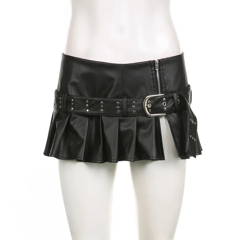 Women's Black Gothic A-line Pleated Leather Skirt Y2k Mini Shorts Skirt 2000s Vintage Clothes Summer Streetwear Punk E-Girl 2026