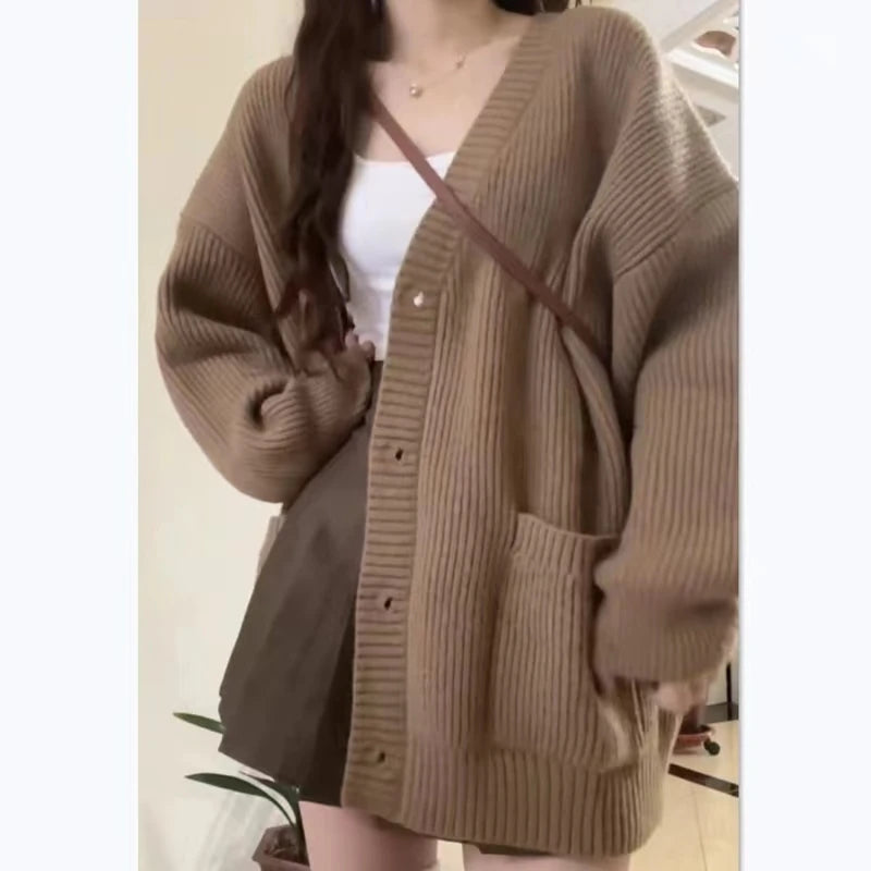 Gray Mid-Length Knitted Sweater Coat Women's Autumn Outerwear Japanese Lazy Vintage Milk System Soft Cozy Open Cardigan