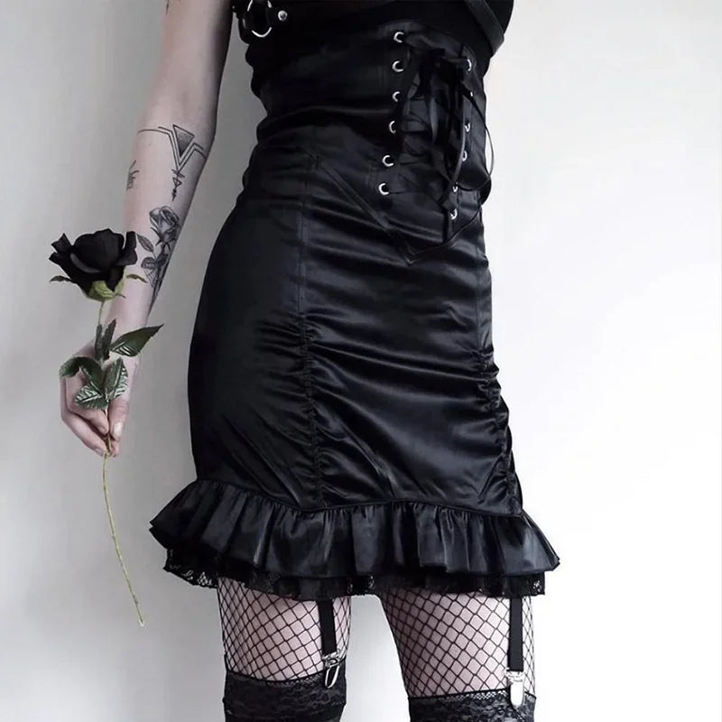 Gothic Punk Ruffle Mini Skirt - High Waist Black Aesthetic