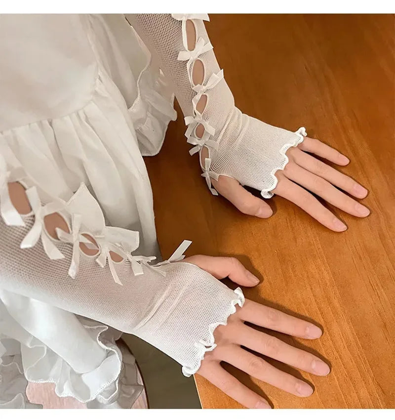 Women Thin Elastic Lace Mesh Bow Lolita Girl Cute Style Driving Glove Female Summer Sunscreen Anti-UV Wedding Dress Mitten