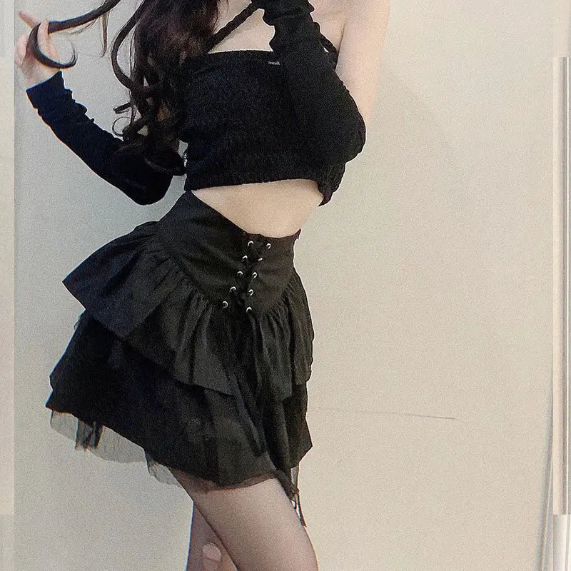 High Waist Bow Tie Puffy Skirt Women's Summer Half-length Hip Concealing Short Skirt Fresh Sweet Style Polyester Fabric
