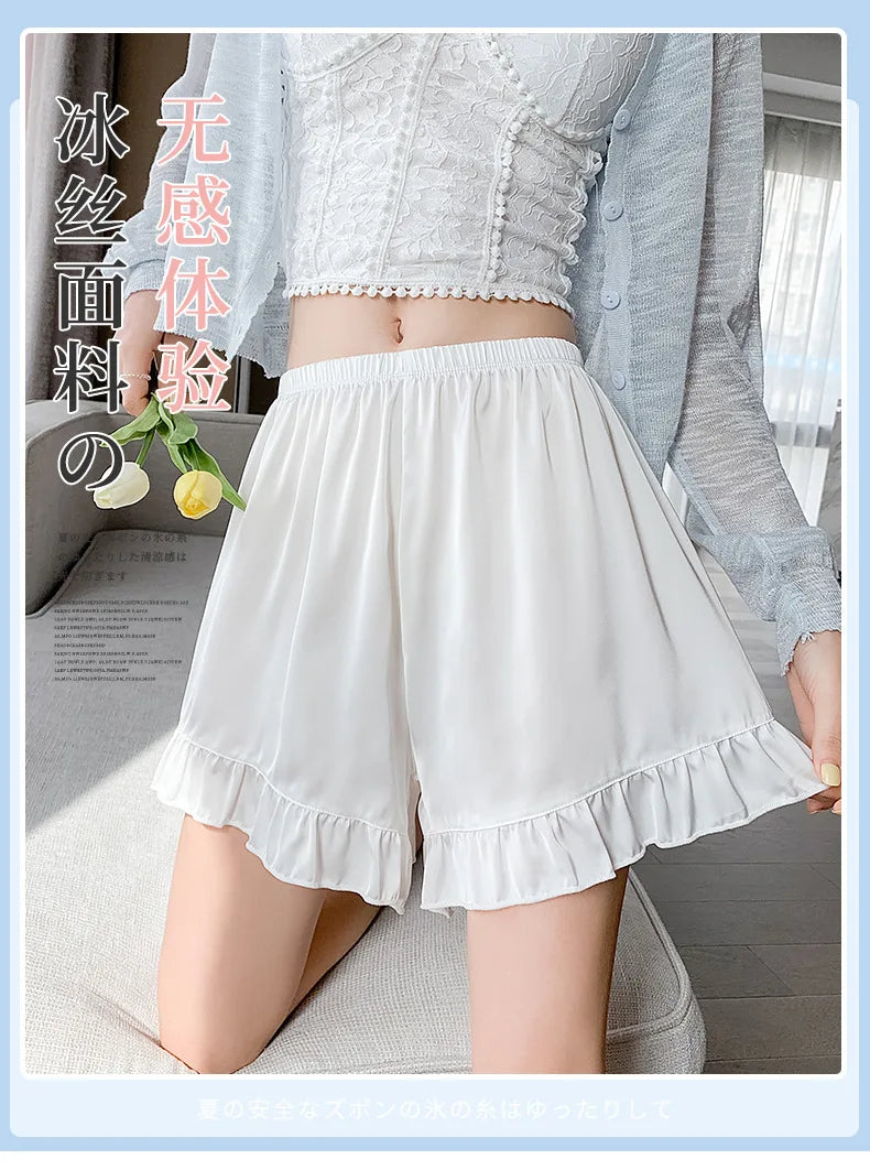 Women's Summer Lace Underwear Female Thin Ice Silk Safety Short Pants Women's Anti-light Loose Shorts Without Curling Edge
