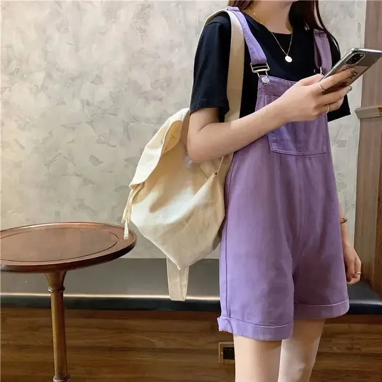 Summer New Style Loose Korean Version Women's Denim Overalls Straight Leg Jeans Color Purple Two-Piece Suit