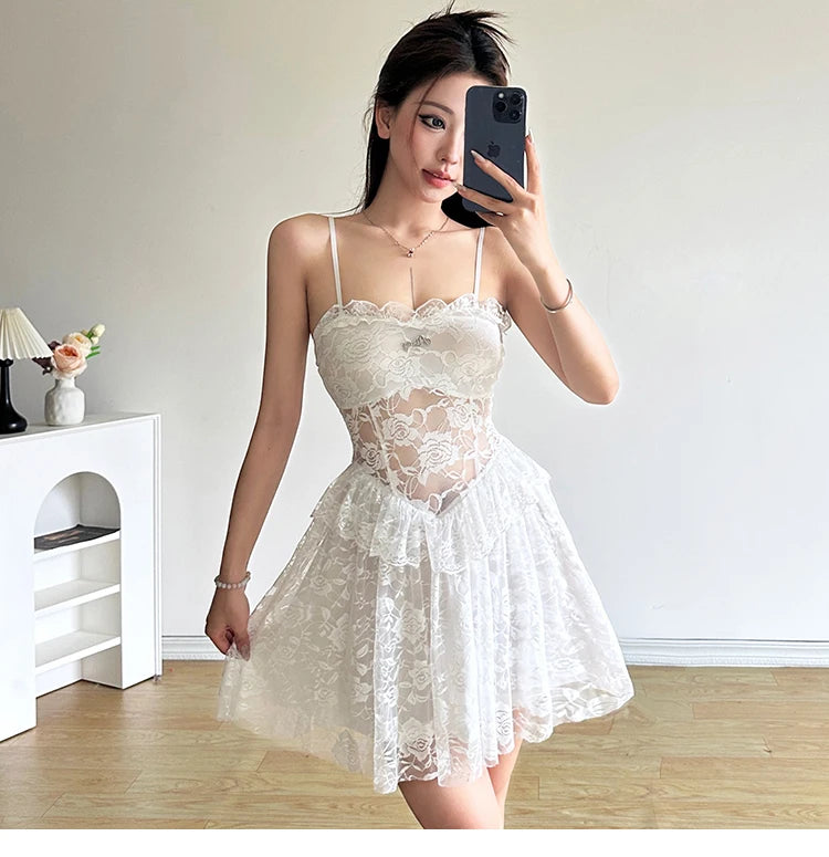 Elegant Lace Splice Bare Shoulder A-Line Midi Dress