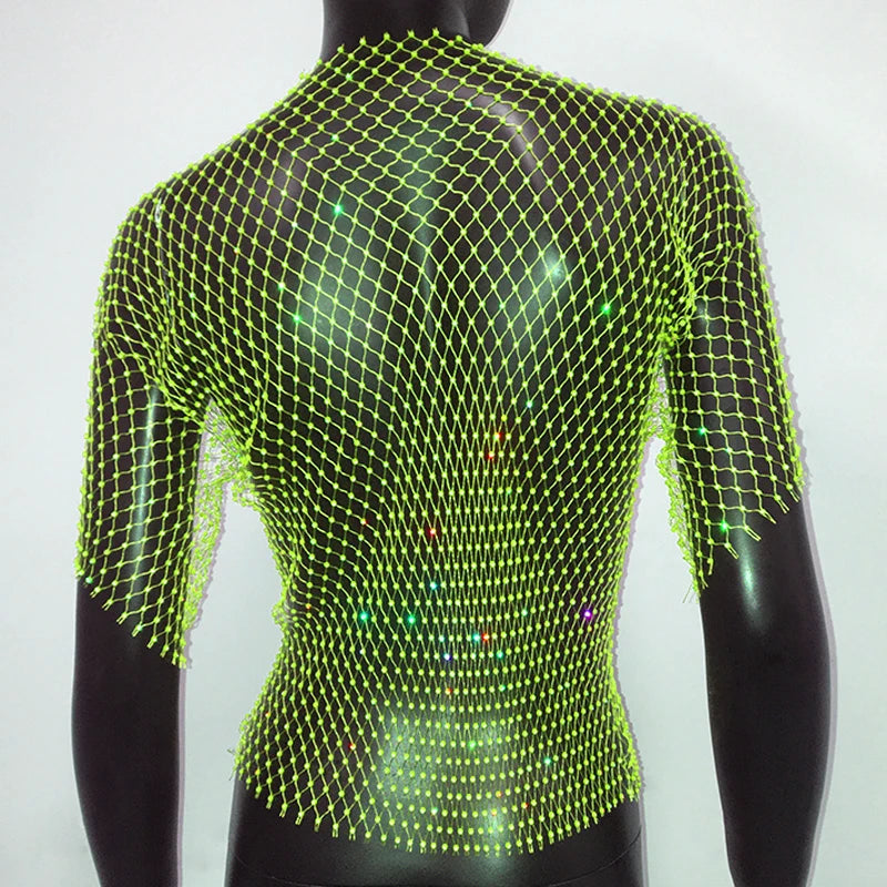 Sexy New Mesh Rhinestone Long Sleeve T Shirt Women Hollow See-through Fishnet Tops Summer Casual Shirt Party Club Women Clothing